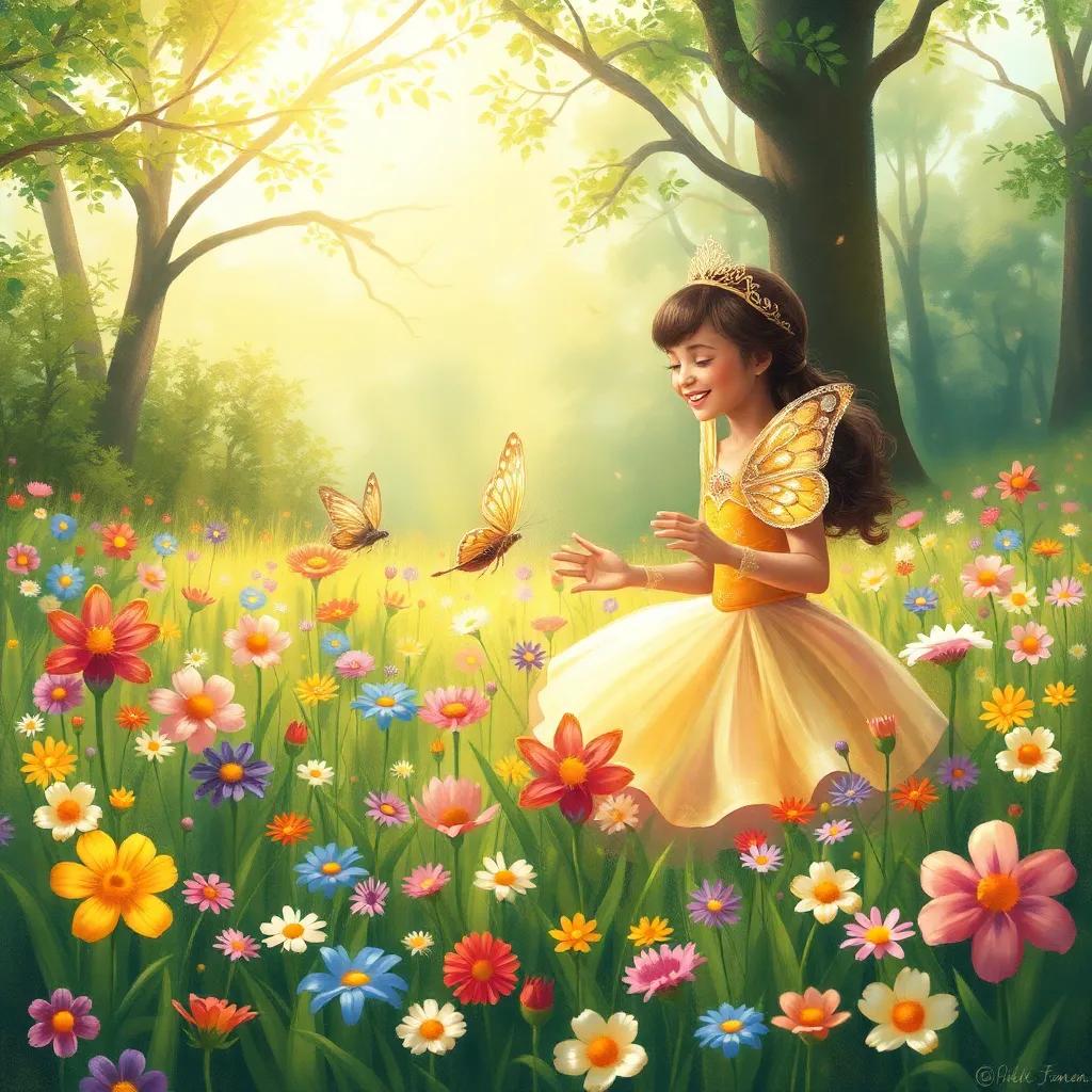 A magical meadow filled with flowers of every hue with Princess Yafa joyfully interacting with a butterfly, with the butterfly having shimmering wings, bright sunlight filtering through trees, whimsical, enchanting, child-friendly.