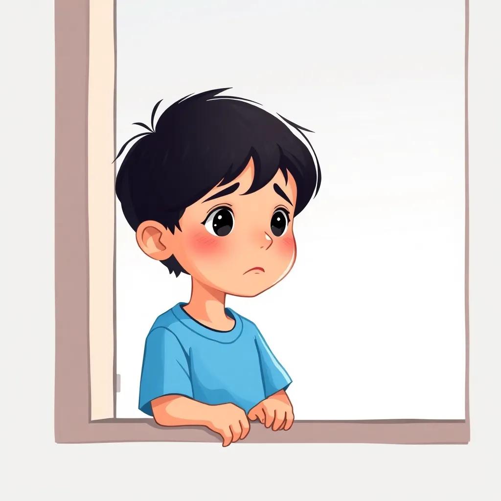 A little boy, Yas, with short dark hair, wearing a blue t-shirt, looking out of his window with a sad expression on a gray day, digital art, soft colors, warm lighting, child-friendly, high quality