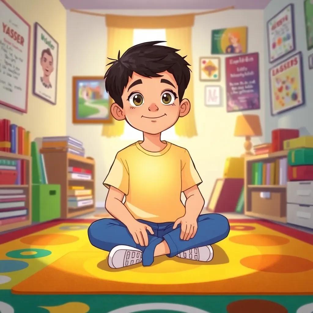 A young Arab boy, Yasser, with short black hair wearing a bright t-shirt and jeans, sitting on a colorful carpet in his room, filled with books and English posters, warm light, cheerful atmosphere, vibrant colors, digital art, child's perspective