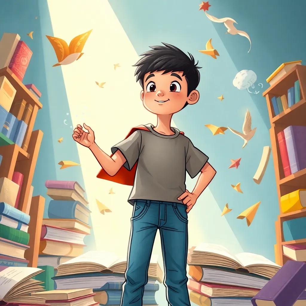 Yasser, a young Arab boy with short black hair wearing a t-shirt and jeans, imagining himself as a hero among books and stories, dynamic light, playful colors, creative and adventurous scene, illustration, engaging and colorful