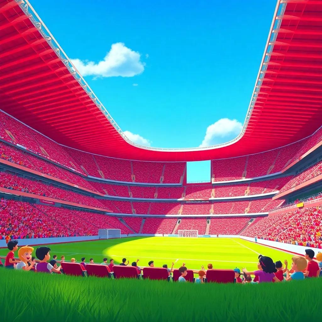 A large football stadium filled with bright red seats and fans, under a clear blue sky. Excited children are visible, showing anticipation and joy, colorful illustration, lively atmosphere, child-friendly