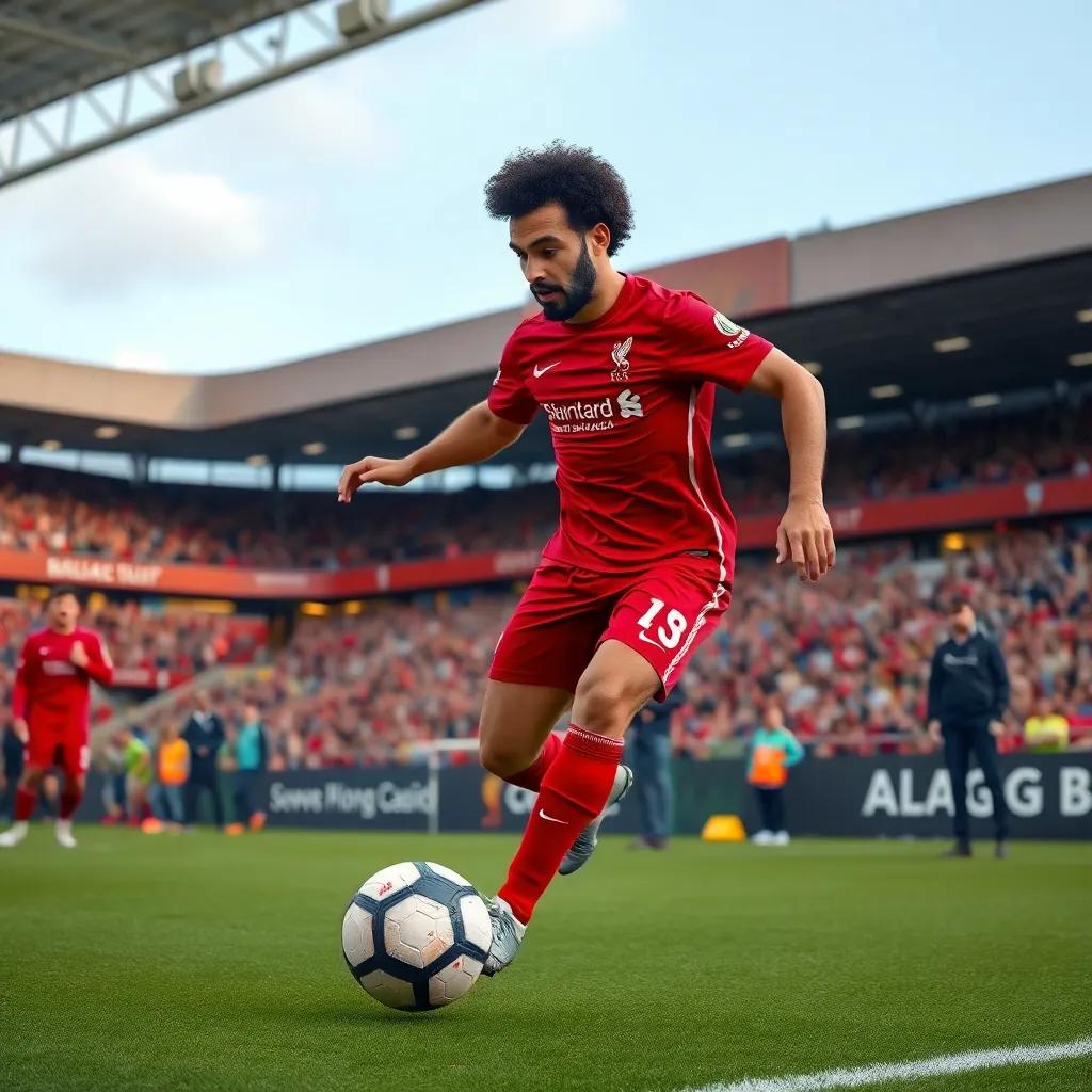 Mo Salah, a tall Egyptian football player, skillfully dribbling a soccer ball on the training ground at Liverpool Stadium, surrounded by eager fans, action-packed, dynamic pose, engaging