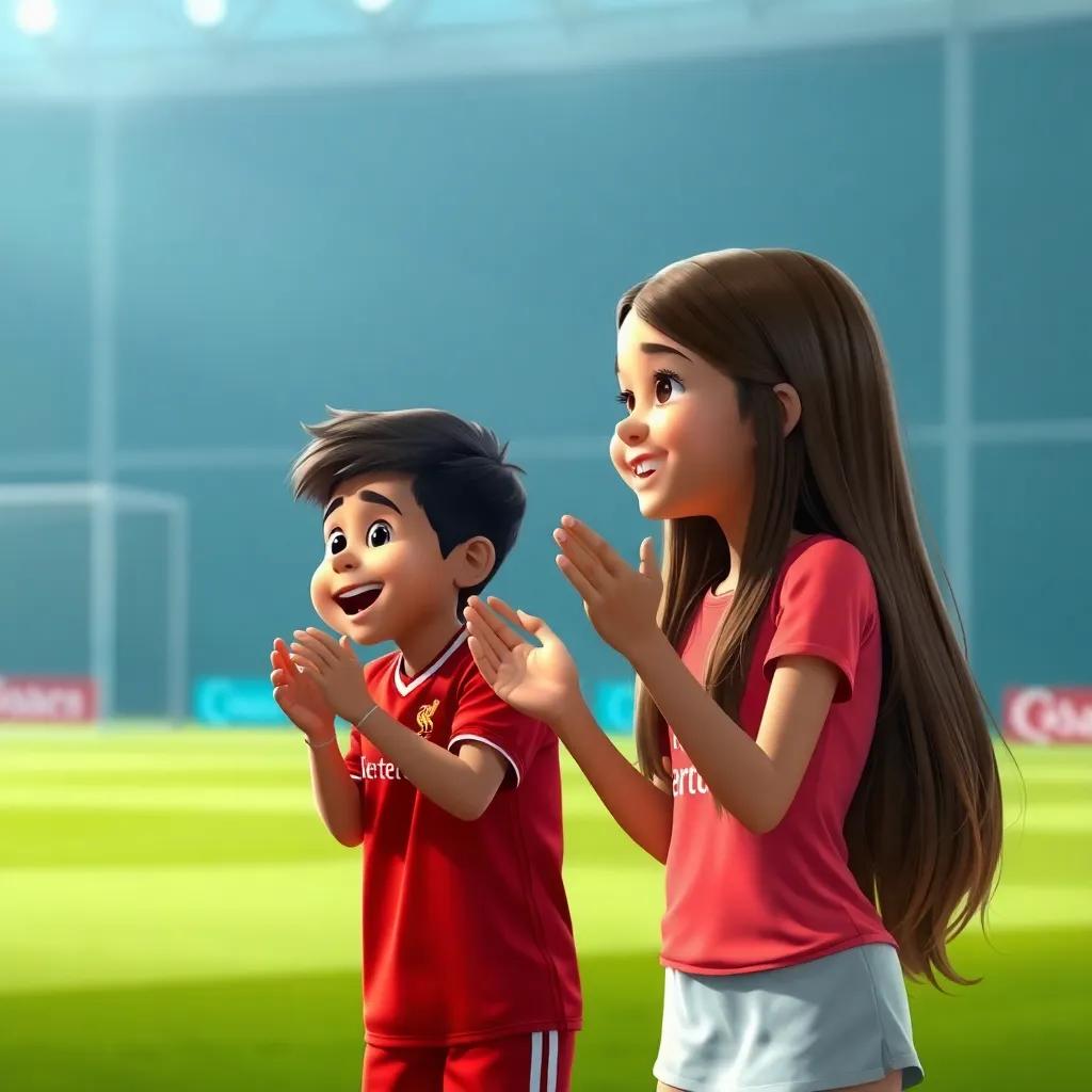 Yassin, a young boy in a Liverpool jersey, cheering loudly, alongside Lara, a young girl with long brown hair in a bright t-shirt, smiling and clapping for Mo Salah during practice, joyful scene, high quality