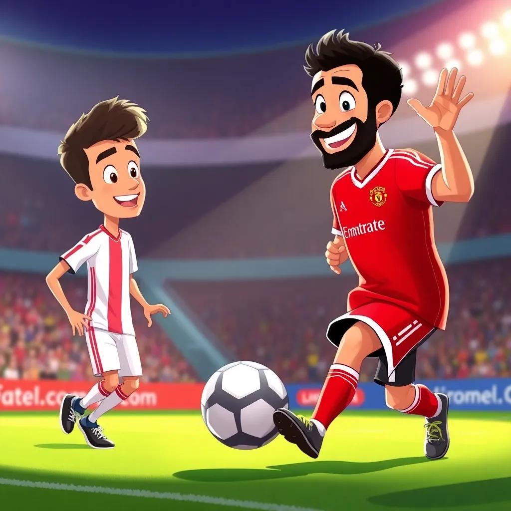 Mo Salah, smiling and waving to Yassin and Lara, as he demonstrates a ball trick on the field, colorful illustration, warm light, friendly atmosphere