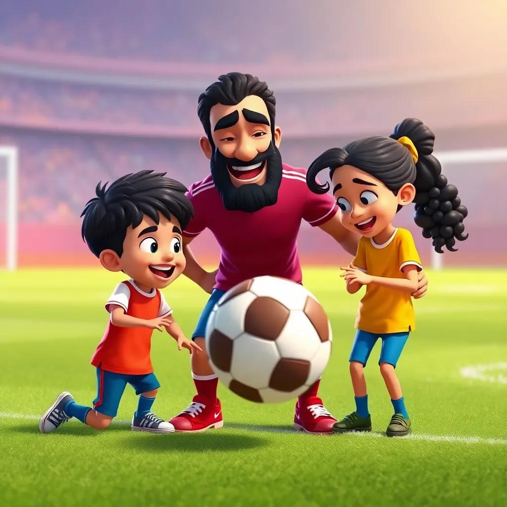 Mo Salah teaching Yassin and Lara how to control the ball, both children laughing and trying the tricks, vibrant setting, playful mood, high-quality