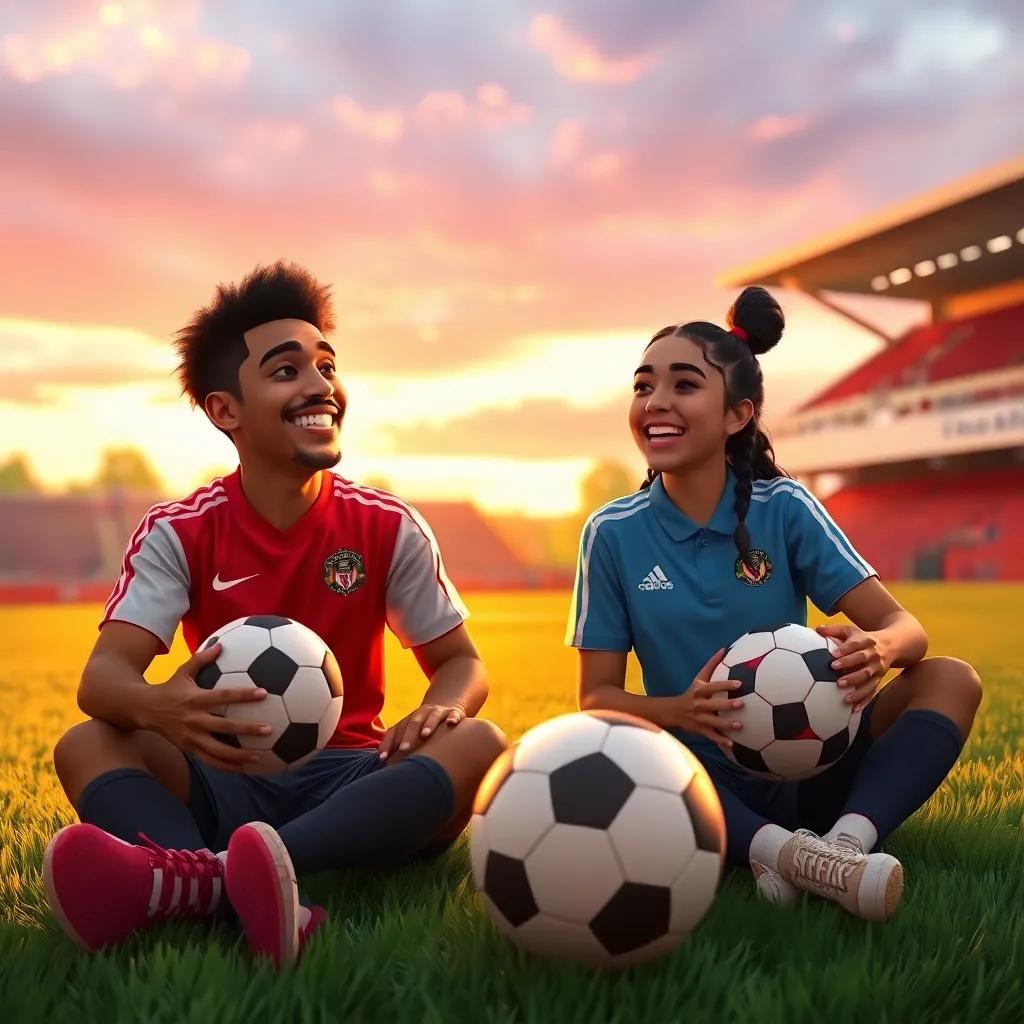 Yassin and Lara laughing together after practice, sitting on the grass outside the stadium with footballs, golden light of sunset in the background, warm and inviting