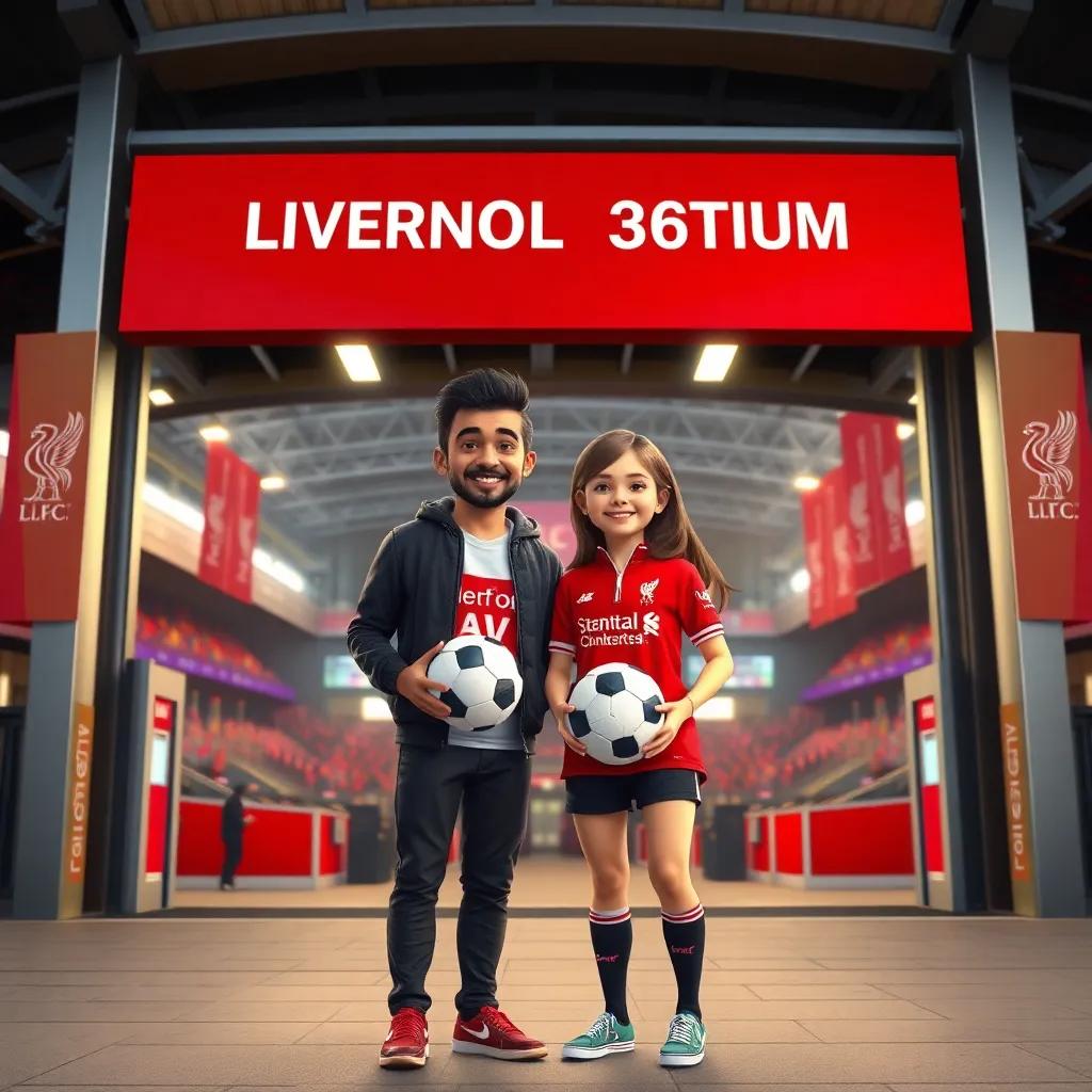 The entrance of Liverpool Stadium with Yassin and Lara standing together, holding footballs with big smiles, colorful banners in the background, cheerful mood, digital art, high quality