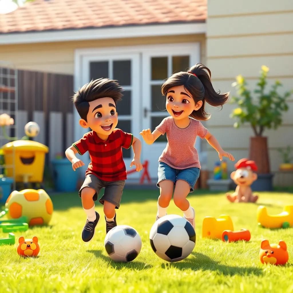 Yassin and Lara practicing their new soccer skills at home, a sunny backyard with laughter, colorful toys around, energetic scene, inviting light, joyful atmosphere