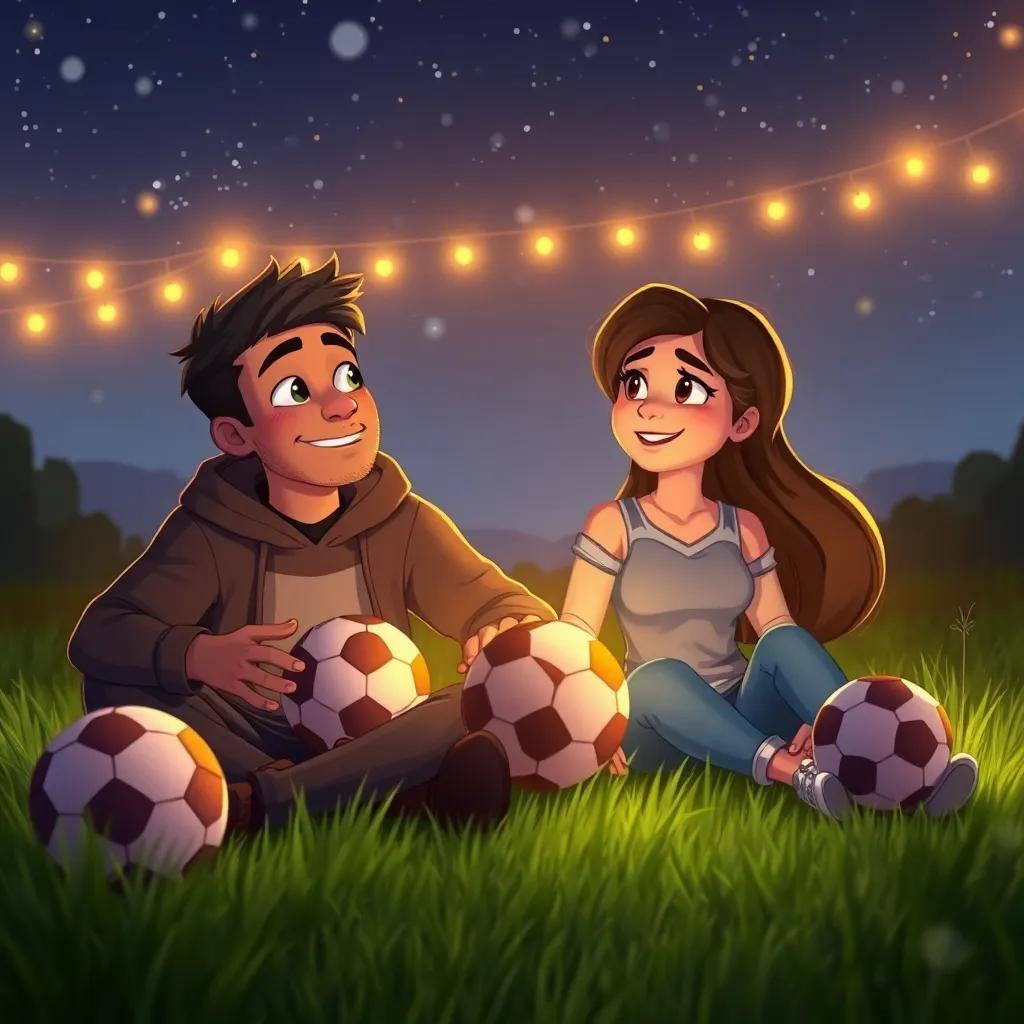 Yassin and Lara, after their adventure, sitting on the grass with footballs, recounting their day under the stars, warm lights, cozy atmosphere, heartwarming scene
