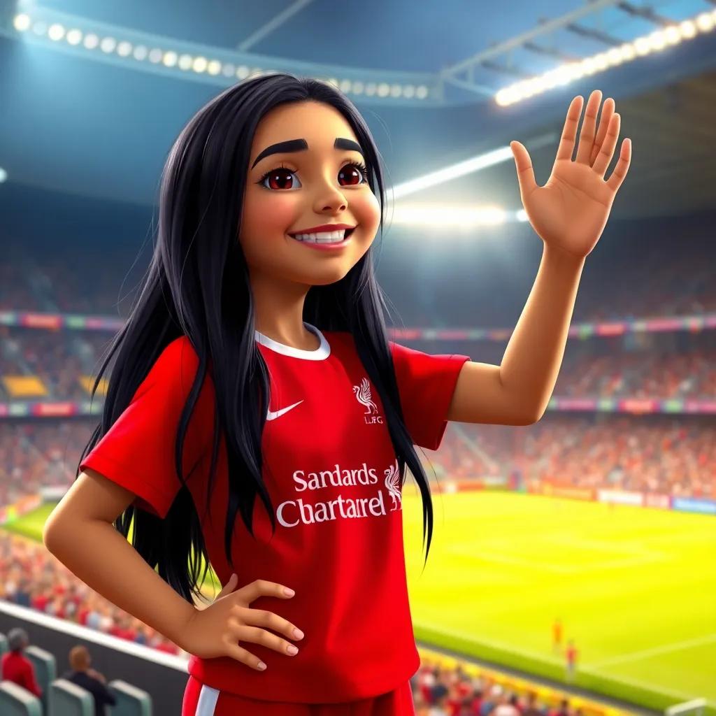 A young Arab girl, Lara, with long black hair wearing a red Liverpool shirt and shorts, smiling and waving next to Mo Salah at the stadium, detailed digital art, joyful moment, warm light, colorful scene, high quality