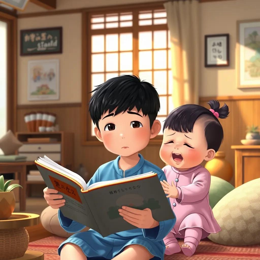 A cozy Japanese living room with traditional decor, Yassin a young Japanese boy, with short black hair and wearing a blue shirt, holding a torn storybook while Yasumine, a 9-month-old baby girl, with soft black hair in a cute pink onesie is crying, soft natural light filtering through the window, warm colors, heartwarming scene, digital art, high quality