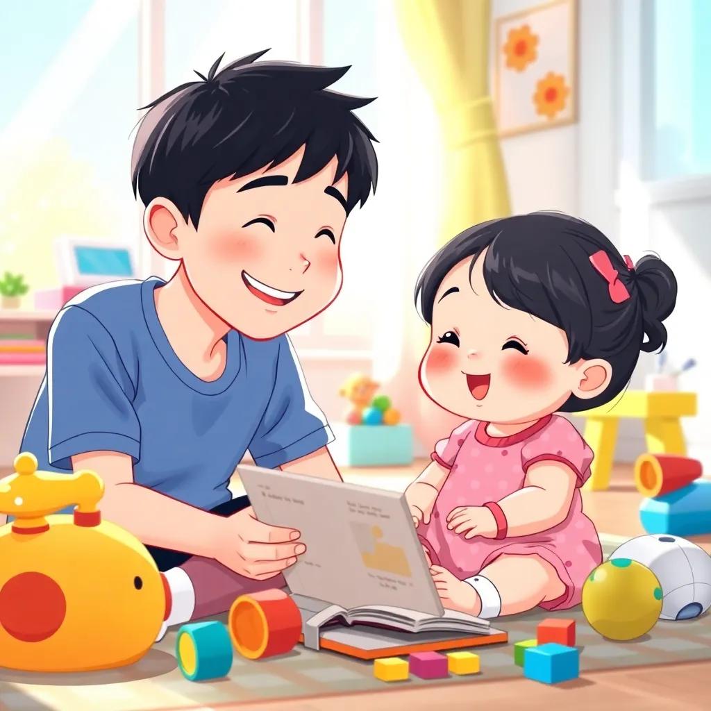 Yassin, a young Japanese boy with short black hair wearing a blue shirt, smiling at Yasumine, a 9-month-old baby girl with soft black hair in a pink onesie, sitting on the floor surrounded by colorful toys and a repaired storybook, bright sunlight streaming in, cheerful atmosphere, illustration, vibrant colors, child-friendly