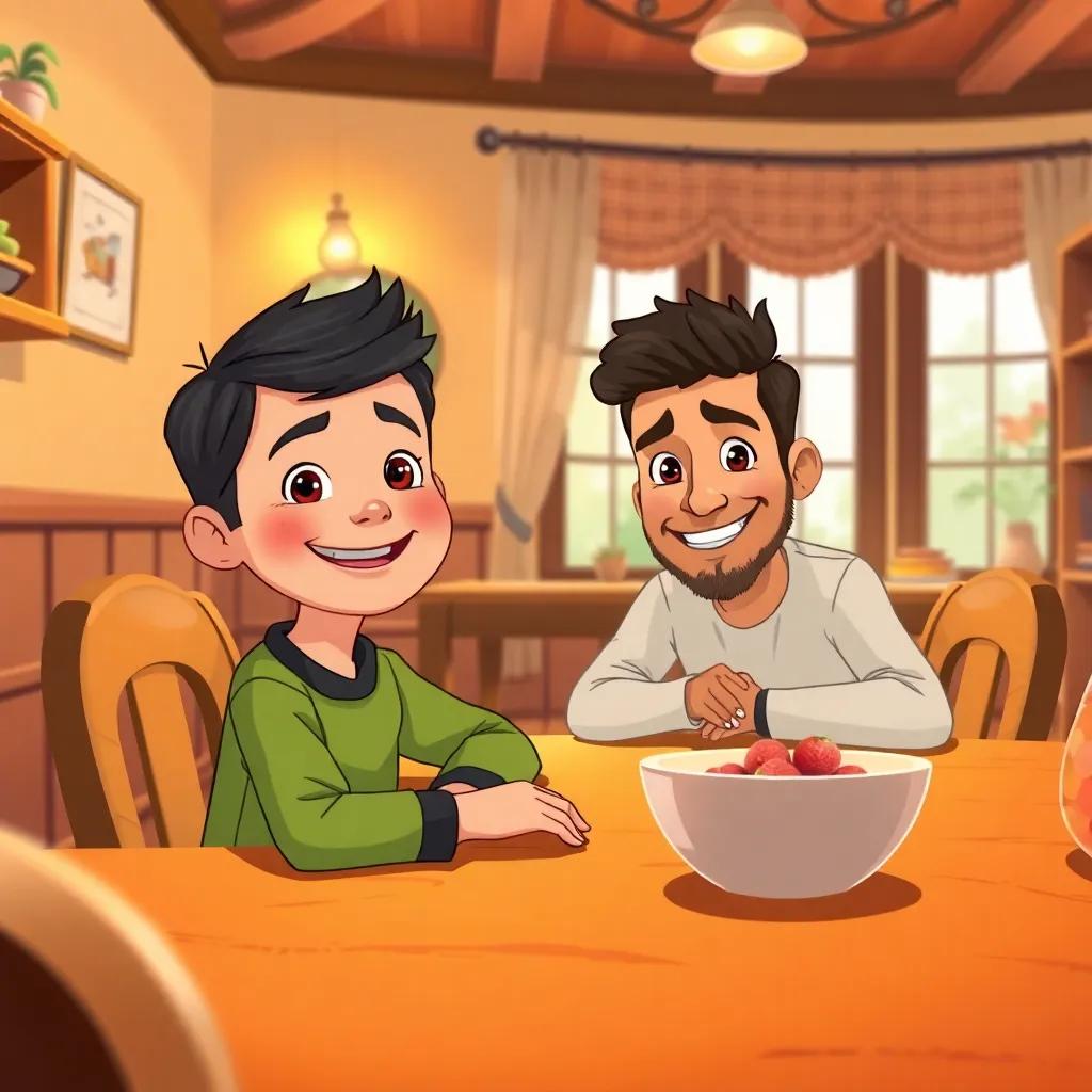 A young boy named Yassir, with short black hair and a bright smile, sitting at a wooden table with his older brother Karim in a cozy dining room, warm colors, cheerful atmosphere, detailed illustration, child-friendly