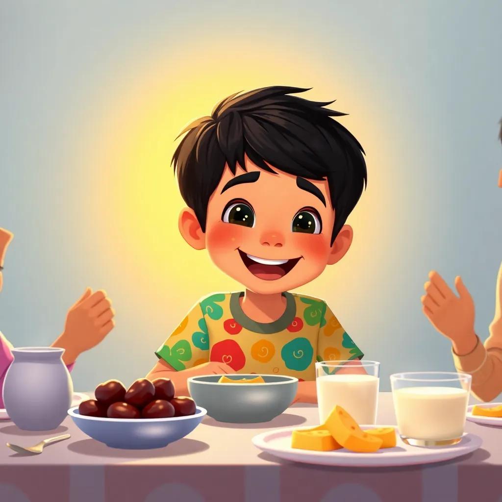 A young boy named Yassir, with short black hair, wearing a colorful t-shirt, joyfully eating breakfast with his family at dawn, fresh dates and warm milk on the table, bright and cheerful, heartwarming scene, digital art