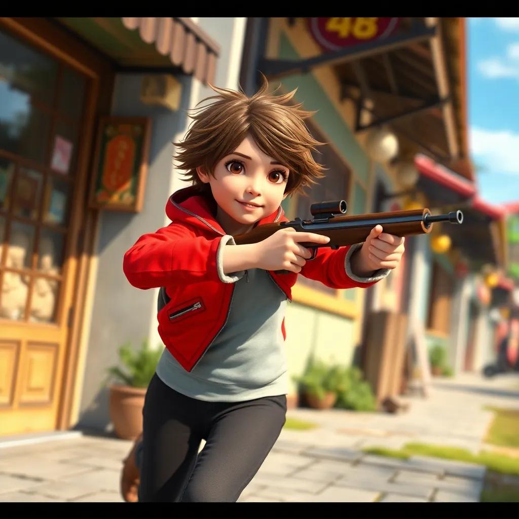 A young Caucasian girl, Yelena, with short brown hair, wearing a bright red jacket, running in a sunny town with her slingshot drawn, dodging behind a shop, digital art, vibrant colors, lively atmosphere, high quality