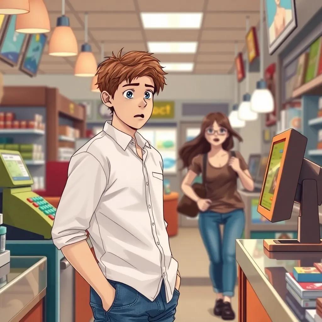 A young Caucasian man, Anthony, with unkempt brown hair, wearing a simple white shirt and jeans, standing behind a counter with a shocked expression as a girl runs in, colorful cash register, bright store interior, surprised character, detailed illustration