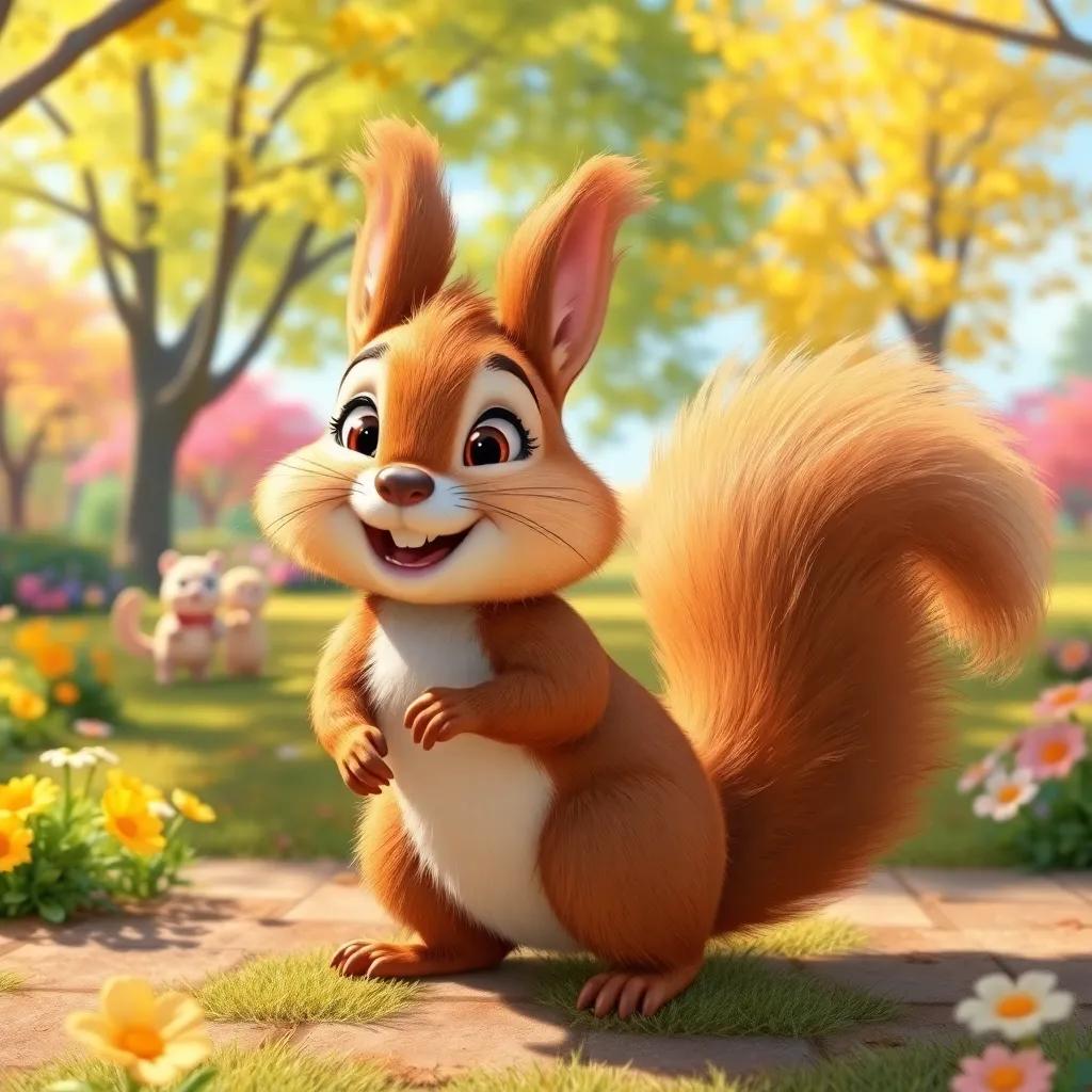 A cheerful squirrel named Sammy with fluffy brown fur and a bushy tail, playing with his friends in a sunny park, colorful trees and flowers around, digital art, vibrant colors, joyful atmosphere, high quality