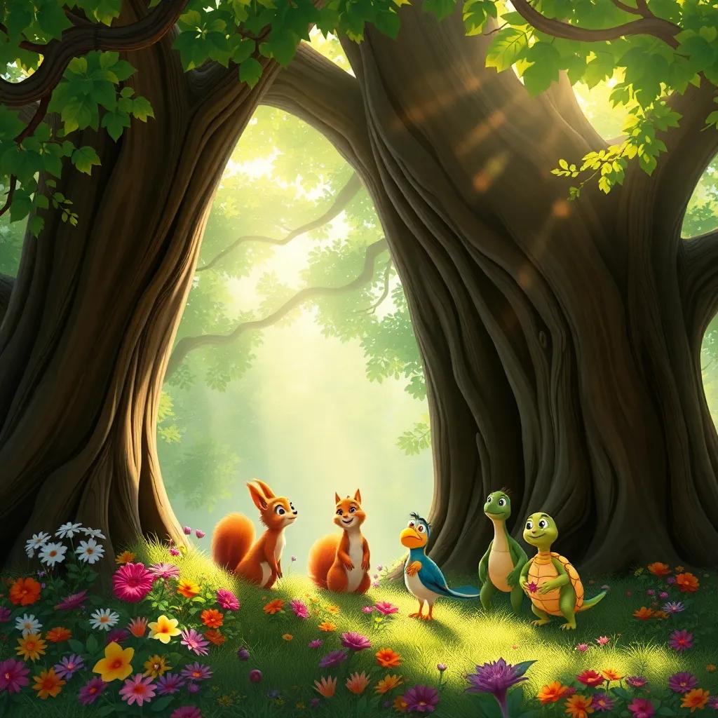 A tall oak tree with a hidden nook full of colorful flowers, Sammy the squirrel with his friends Bella the bird and Toby the turtle, bright sunlight filtering through leaves, digital painting, enchanting scene, happy vibes, high quality