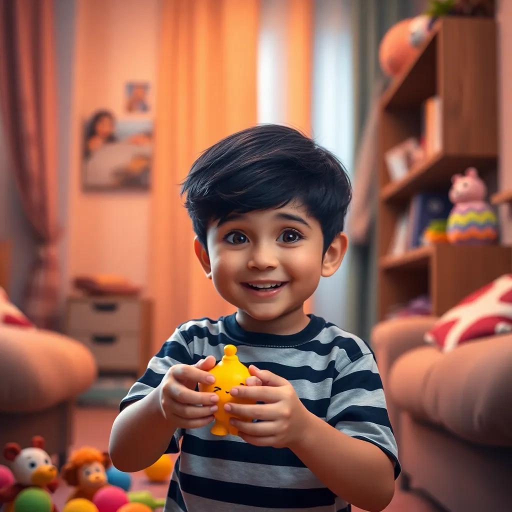 A cheerful boy, Yousef, with black hair and hazel eyes, wearing a striped t-shirt, putting away colorful toys in a cozy apartment in Mashhad, digital art, bright and cheerful, warm light, playful atmosphere, high quality