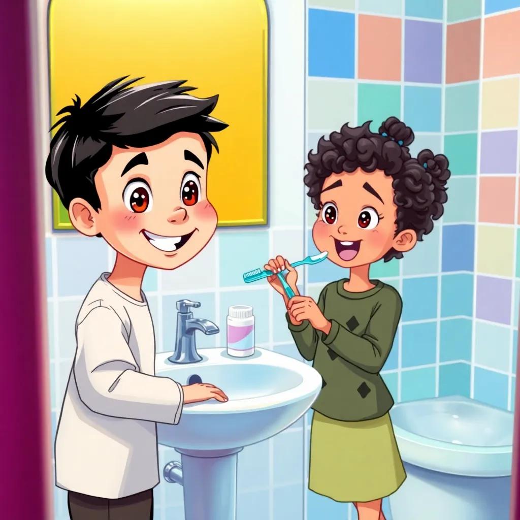 Yousef, a cheerful boy with black hair and hazel eyes, standing in front of a bathroom sink with a toothbrush, squeezing toothpaste, his little sister Elaheh, with curly hair, excitedly imitating him, colorful bathroom, illustration, fun and engaging, lively colors, child-friendly perspective
