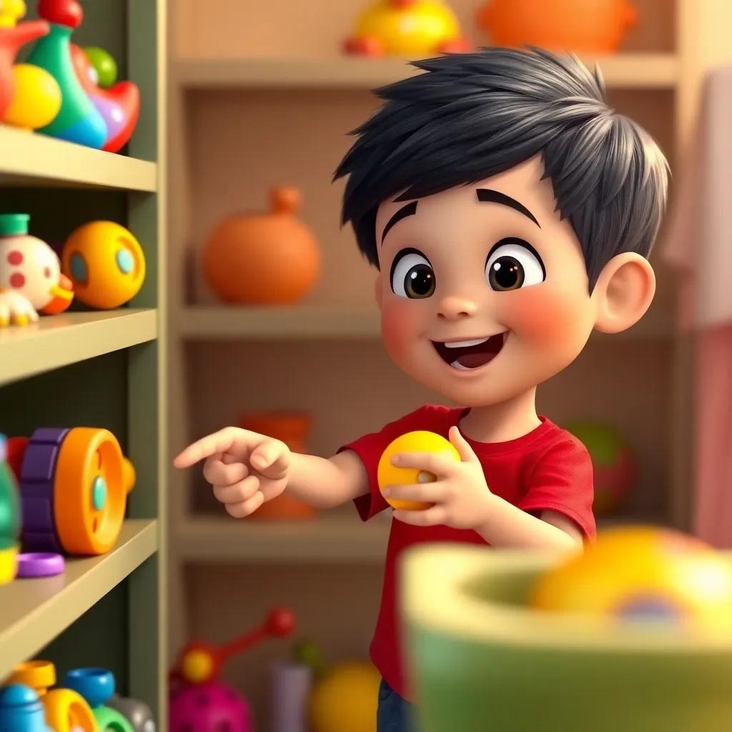 Yousef, a little boy with short black hair, wearing a red t-shirt and blue shorts, looking excited while pointing at a bright yellow yoyo on a shelf, surrounded by colorful toys, joyful expression, colorful, cute style, warm light, high quality