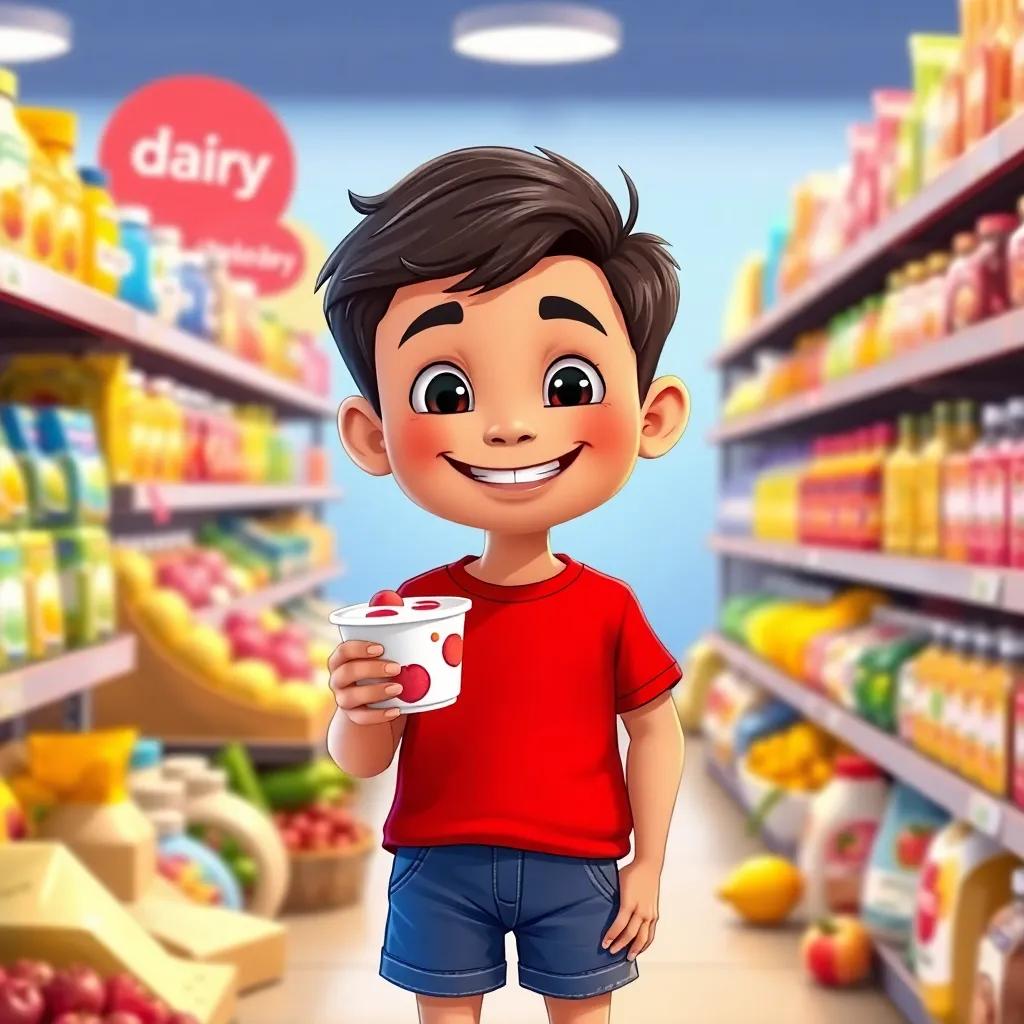 Yousef, a little boy in a red t-shirt and blue shorts, with a big smile, standing in front of a dairy aisle, holding a cup of yummy fruit yoghurt, colorful dairy products around him, happy vibe, illustration, bright colors, inviting, high quality