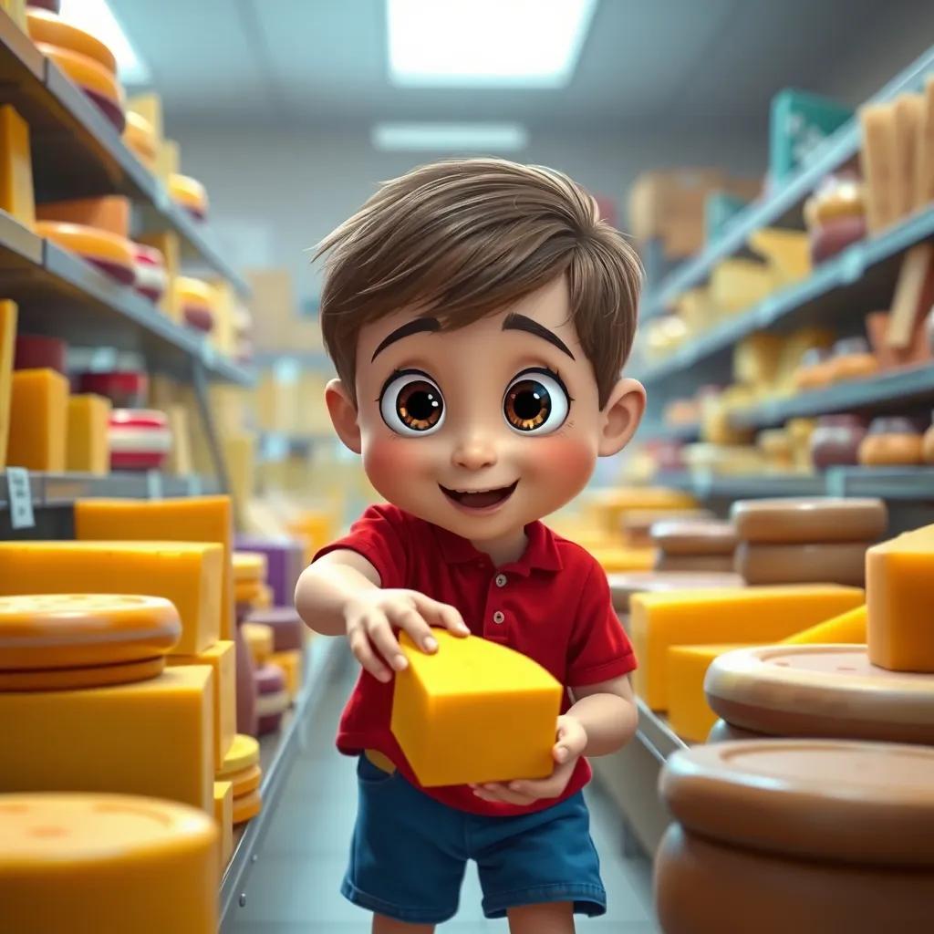 Yousef, a little boy with bright eyes in a red t-shirt and blue shorts, reaching for a block of yellow cheese in the supermarket, surrounded by various cheeses, excited look, playful, colorful visual, light atmosphere, high quality
