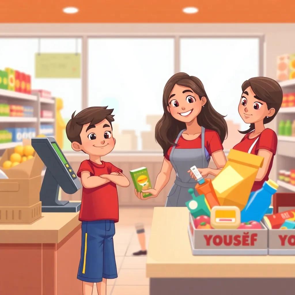 Yousef, a little boy in a red t-shirt and blue shorts, confidently placing his items on the checkout counter, with his smiling mother beside him, cash register and colorful items visible, cheerful environment, warm light, cute art style, high quality