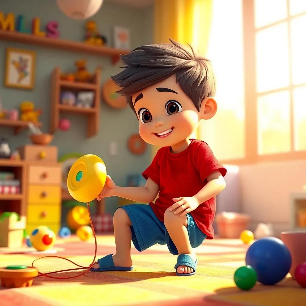 Yousef, a little boy in a red t-shirt and blue shorts, playing with his yellow yoyo in a sunlit room, dreaming of adventures, colorful background with toys and joy, playful atmosphere, digital art, bright colors, high quality
