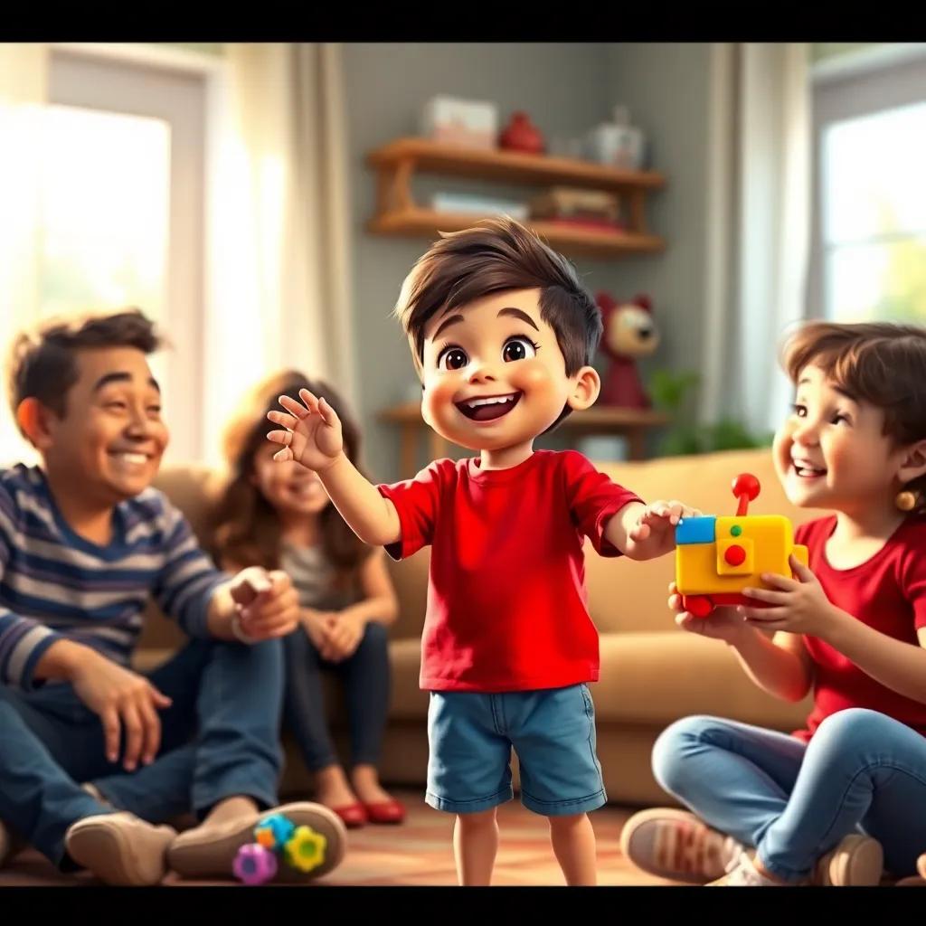 Yousef, a happy little boy in a red t-shirt and blue shorts, sharing his excitement about his colorful toys with family members, joyful expressions and a loving glow in the room, vibrant colors, heartwarming family moment, high quality