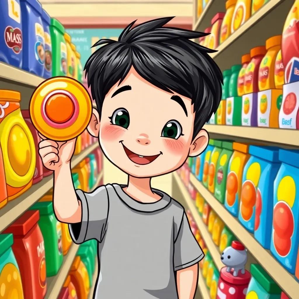 Yousef, a little boy with short black hair, looking excited as he points at a vibrant yellow yo-yo on a shelf, surrounded by many colorful products, supermarket scene, cheerful, child-friendly, bright and lively, detailed illustration.