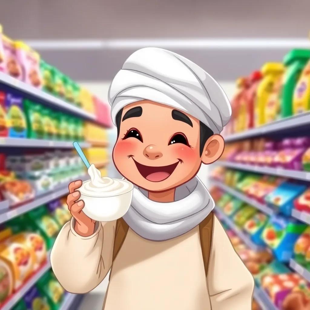Yousef holding a creamy yogurt in one hand with a big smile, surrounded by colorful packages in the supermarket, feeling joyful, bright colors, joyful expression, lively scene, digital painting.
