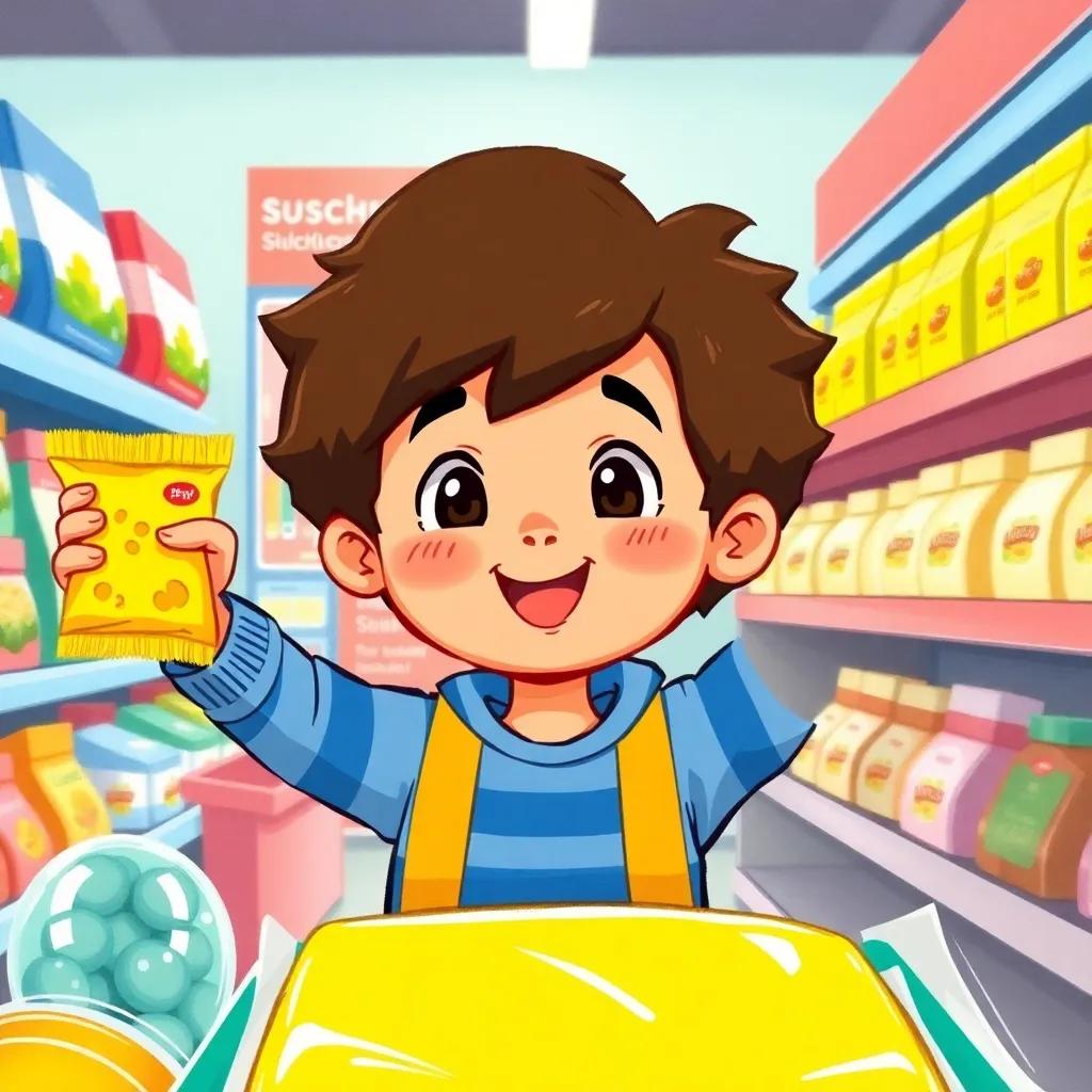 Yousef, the little boy, holding up a bright yellow cheese packet with excitement, surrounded by rainbow-colored items in the supermarket, illustration, cheerful, inviting scene, warm light.