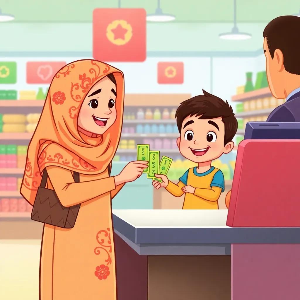 Yousef, standing with his mom at the cash register, handing two shiny riyals to the friendly cashier, colorful supermarket interior, engaging atmosphere, joyful expression, bright colors, digital art.
