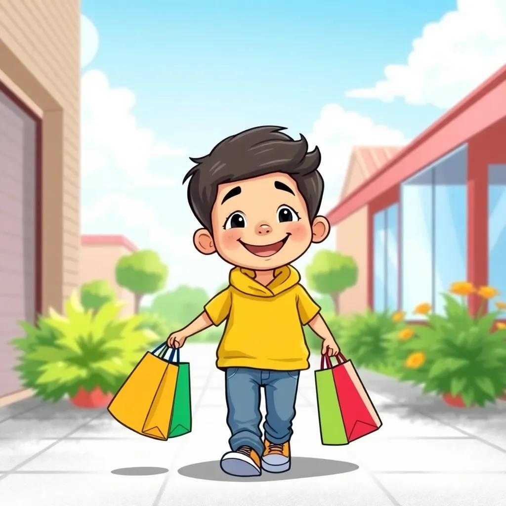 A proud little boy, Yousef, smiling broadly after his shopping adventure, walking outside with colorful bags in hand, a bright blue sky above, happy scene, cheerful colors, inviting atmosphere, illustrated scenery.