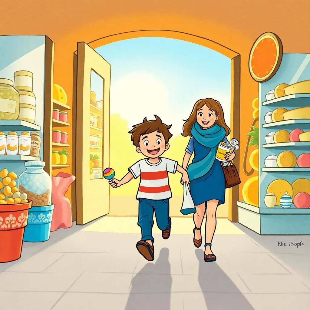 Yousef, skipping joyfully with his mom, exiting the store full of colorful treasures, holding a yo-yo, yogurt, and cheese, sunlight shining around them, vibrant illustration, warm colors, observable happiness.