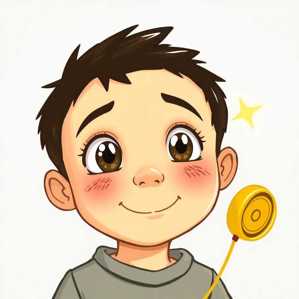 A close-up of Yousef, a little boy with bright eyes, imagining showing his friends his new yellow yo-yo, excitement sparkling on his face, whimsical setting, cheerful vibe, cute illustration.