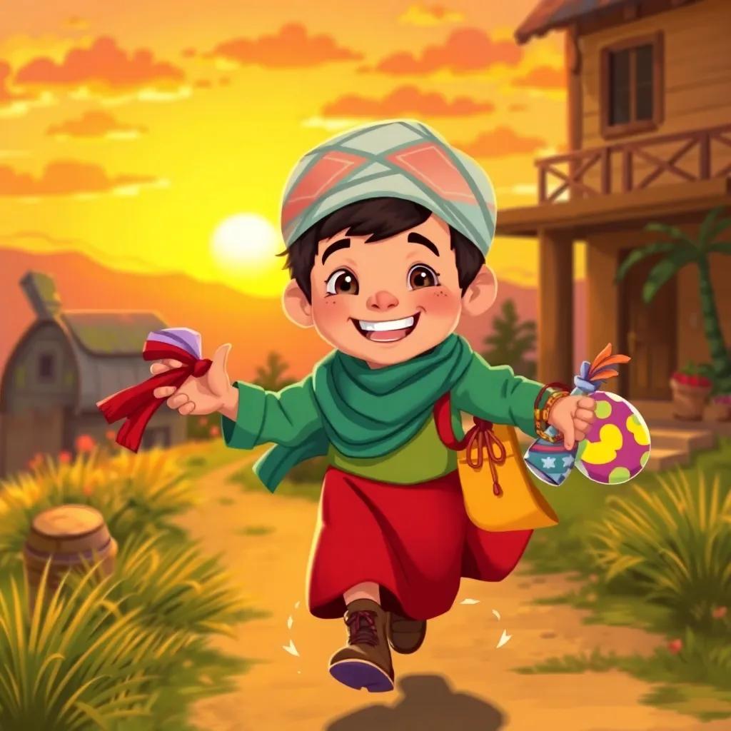 Yousef, rushing home with a wide smile, his colorful treasures in hand, the sunset creating a beautiful backdrop, happy and bright atmosphere, charming image, heartwarming scene, digital painting.