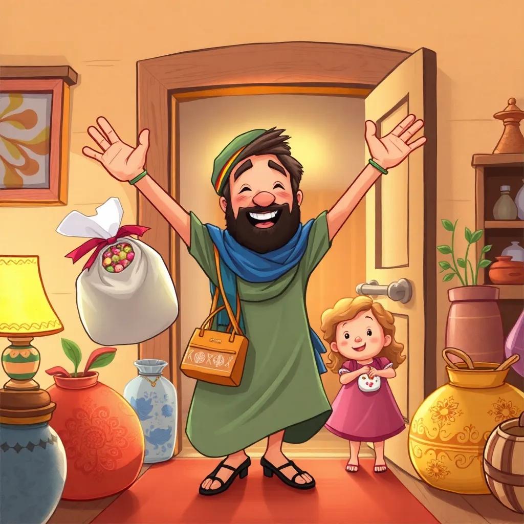 A happy Yousef, bursting into his home with bags of goodies, eager to share with his family, cozy home setting, vibrant colors and warmth, joyful expression, engaging warmth.