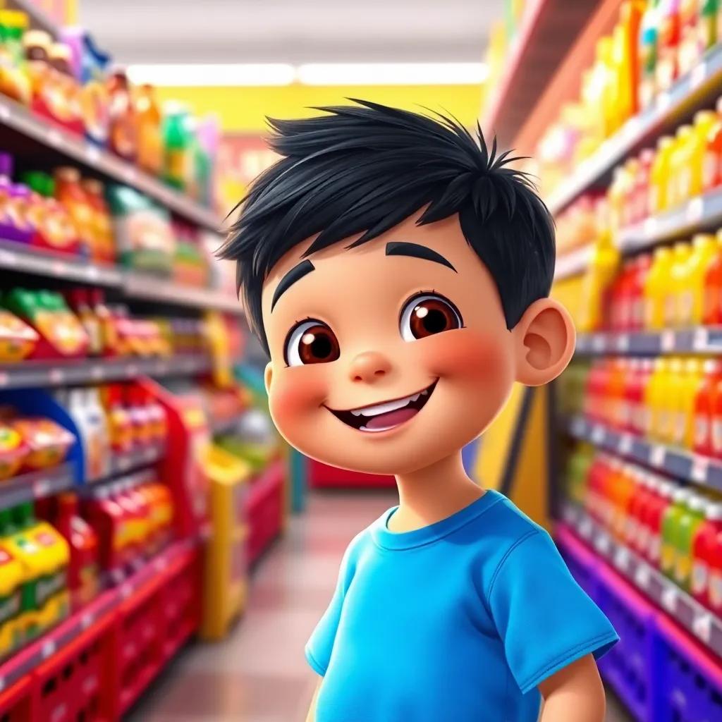 A cheerful little boy, Yousef, with short black hair, wearing a bright blue T-shirt and red shorts, smiling in a colorful supermarket aisle, surrounded by colorful products, joyful atmosphere, digital art