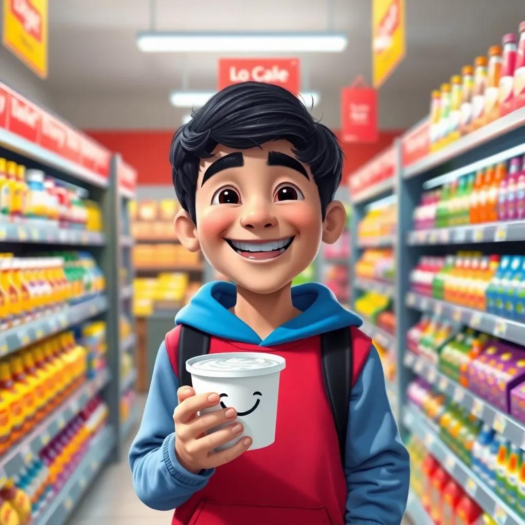 Yousef, with short black hair, grinning widely, holding a cup of yoghurt with a happy face on it, standing in the dairy section of a bright supermarket, colorful products around him, heartwarming scene, digital art