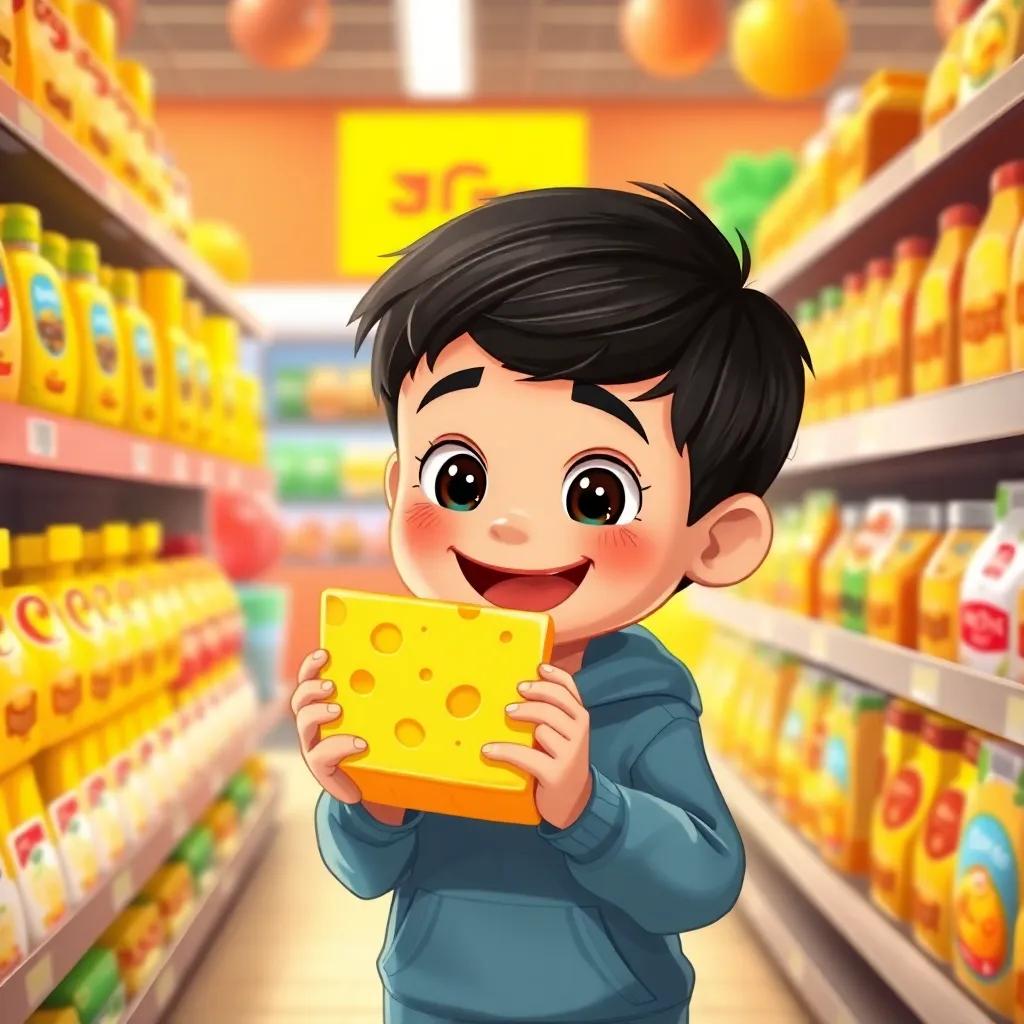 Yousef, a little boy with short black hair, holding a block of yellow cheese with a big smile, surrounded by yellow and colorful items in the supermarket aisle, bright colors, excited atmosphere, digital illustration