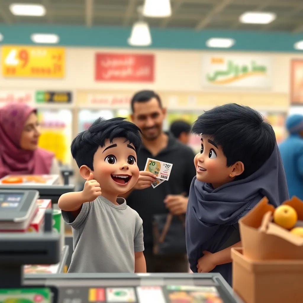 A proud Yousef, a little boy with short black hair, excitedly handing 20 riyals to his mother, who smiles back at him, in a busy supermarket checkout, lively scene, digital art