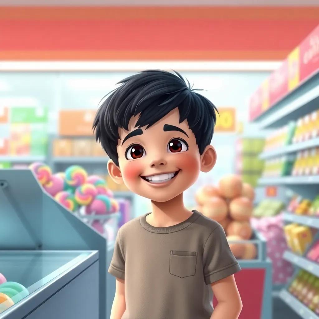 Yousef, a joyful little boy with short black hair, standing by the checkout with colorful lollipops in the background, gleeful mood, bright supermarket, digital painting