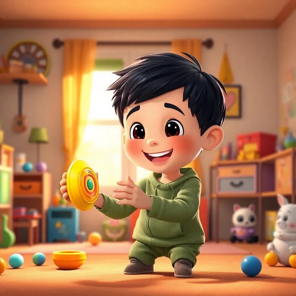 Yousef, a delighted little boy with short black hair, playing with his colorful yellow yoyo in a bright room, full of toys, cheerful scene, warm light, digital art