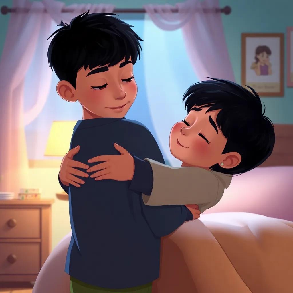 Yousef, a little boy with short black hair, hugging his mother tightly, whispering thank you, in a cozy bedroom filled with night light, heartwarming moment, digital illustration