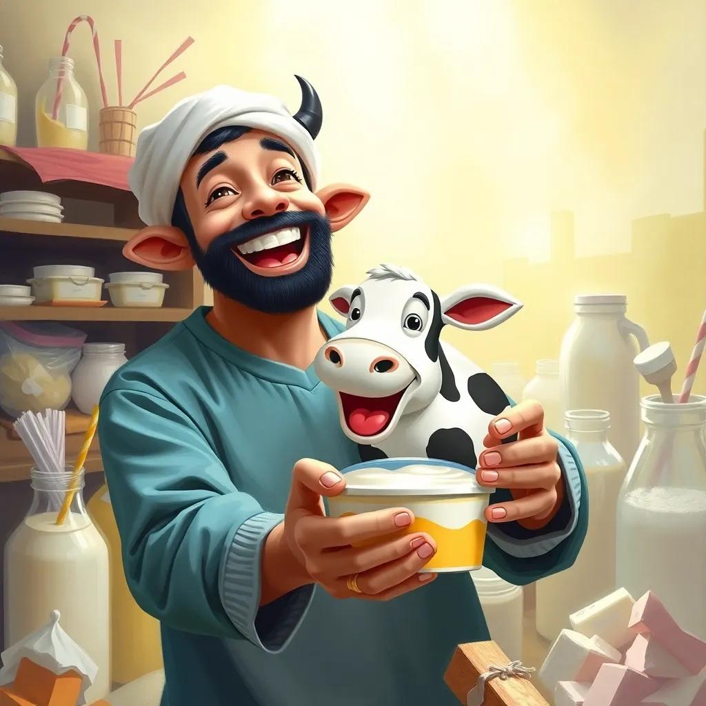 Yousef joyfully holding a tub of yoghurt with a smiling cow on it, surrounded by dairy products, bright colors, cheerful atmosphere, digital painting, child-safe, uplifting imagery