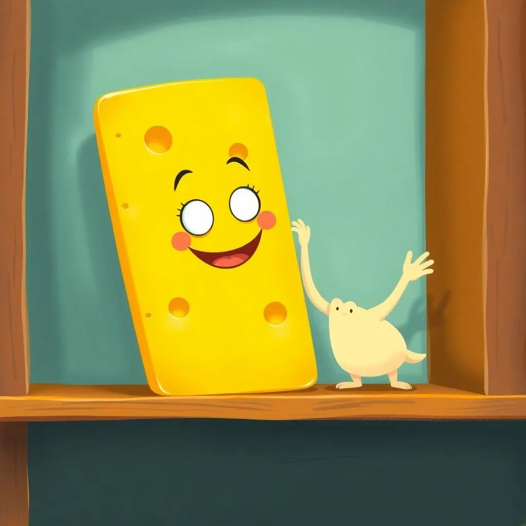 A block of yellow cheese on a shelf with Yousef reaching for it, smiling happily, bright colors and playful atmosphere, illustration, engaging, child-friendly design