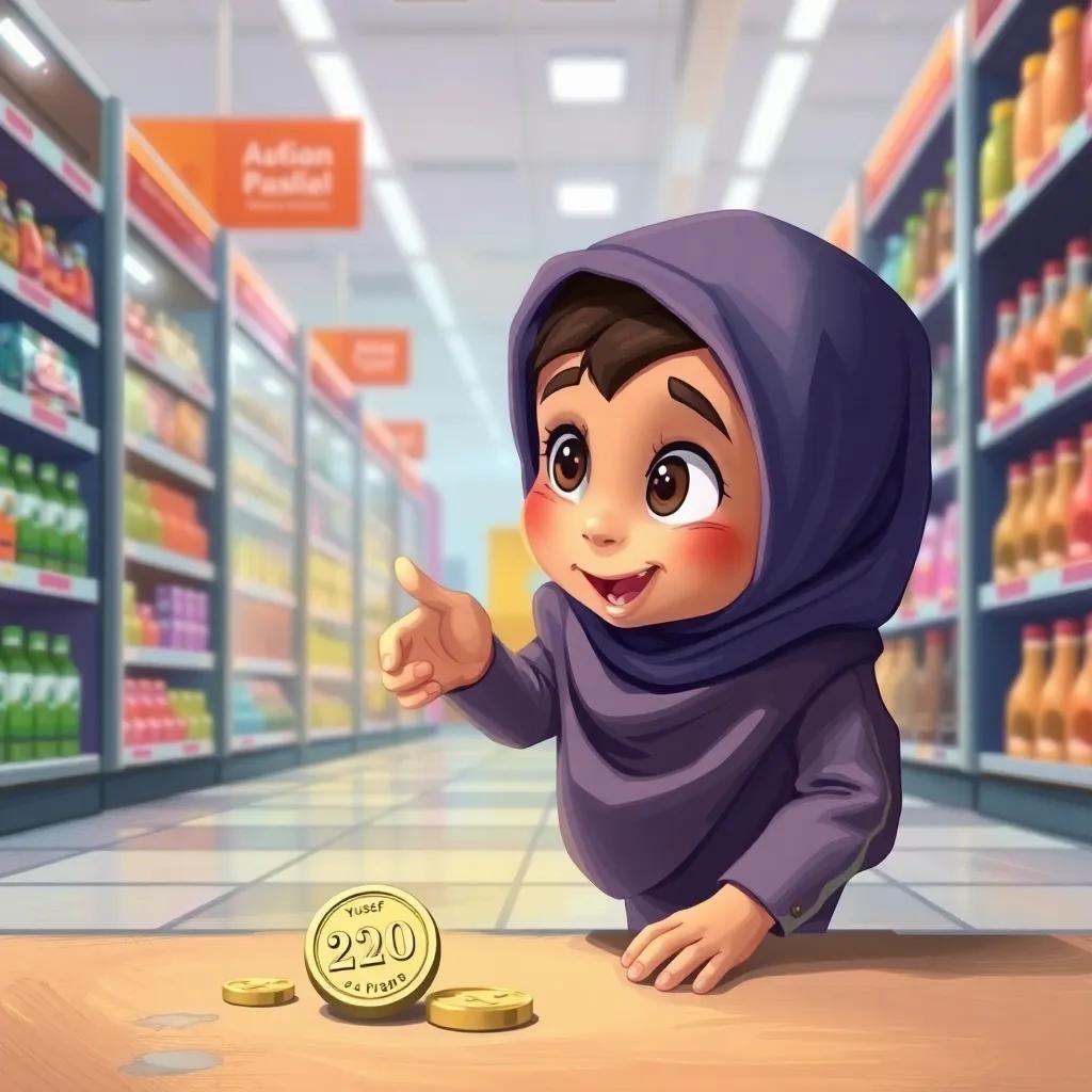 Yousef finding a shiny 20 riyals coin on the ground, looking surprised and delighted, a fun supermarket background, cheerful colors, digital art, happy and bright, child-safe