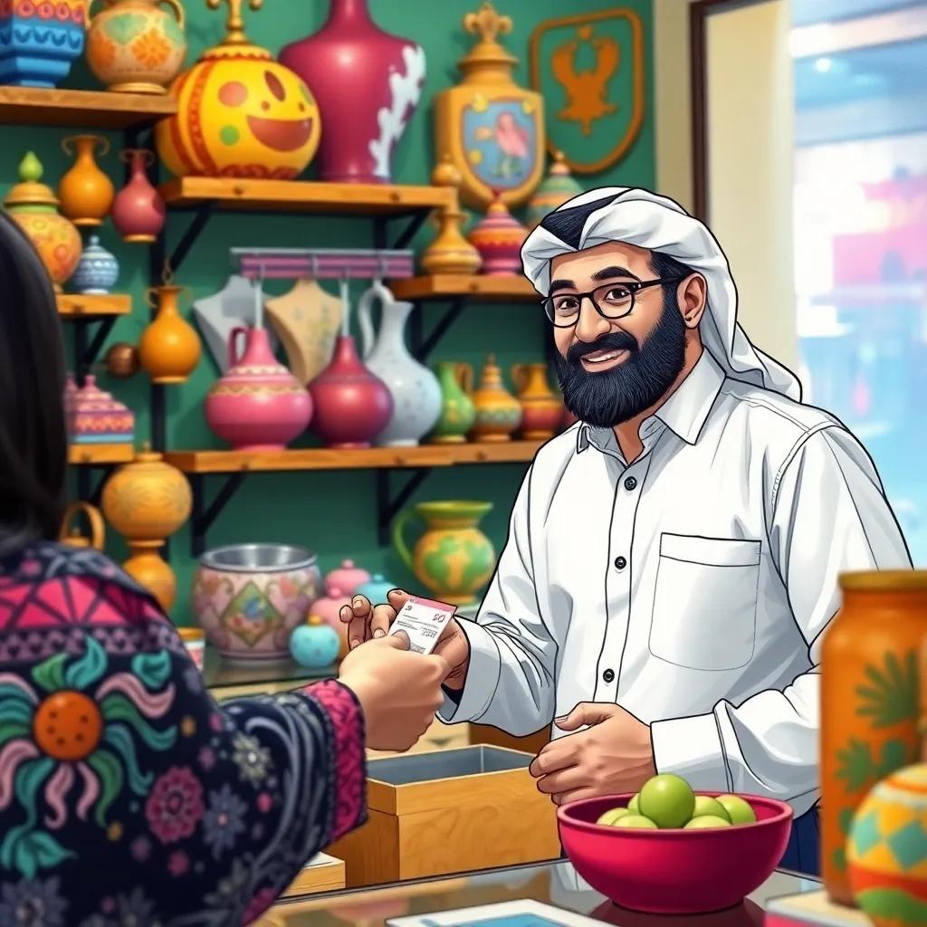 Yousef handing the 20 riyals to a friendly cashier, feeling proud, the shop filled with colorful items, vibrant and fun, illustration, cheerful and engaging style